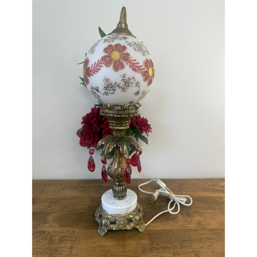 Vintage‎ Hollywood Regency Satin Glass Globe Lamp Ruby Red Prism Drops Victorian